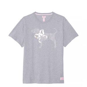 VS PINK LoveShackFancy Gray Tee with Sparkle Dog Graphic and Pink Trim